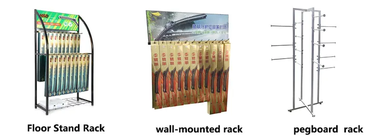 few types of wiper blade racks: wall-mounted, free-standing, and pegboard styles